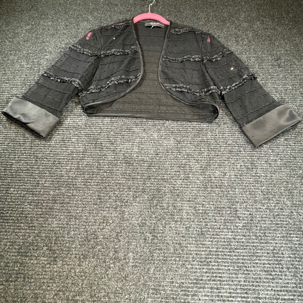 R&M Collection Womens Black Mesh Ruffle Sequin Cropped Bolero Shrug Jacket